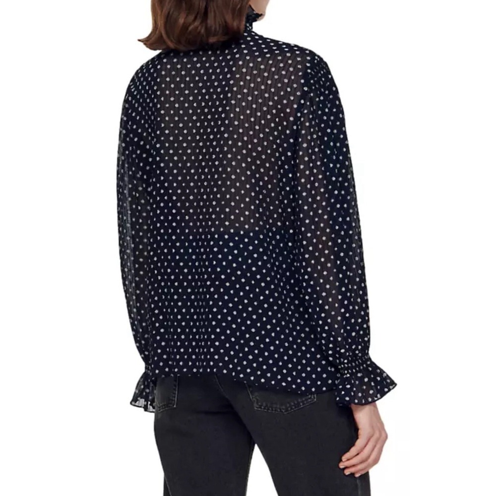 SANDRO Blouse Womens Small Sz 2 Sheer Button Up Ruffle Patterned Polka Dots $340 - Picture 3 of 10